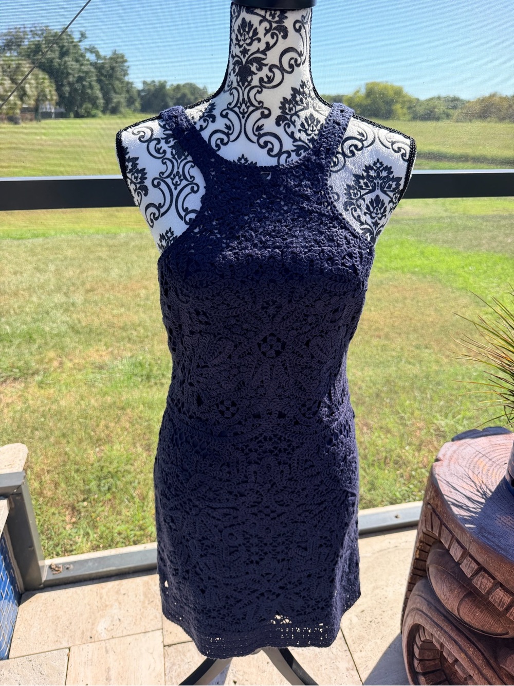Lilly Pulitzer Navy Crochet Lace Halter Mini Dress Size S Open Back Resort
